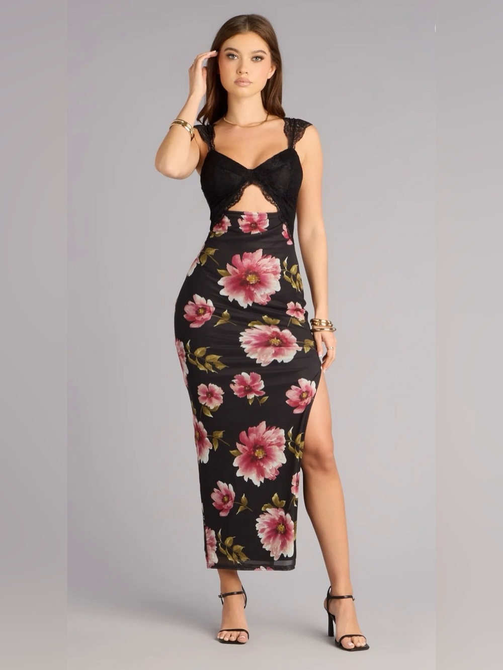 Windsor Black & Pink Love Language Floral Lace Slit Maxi Dress